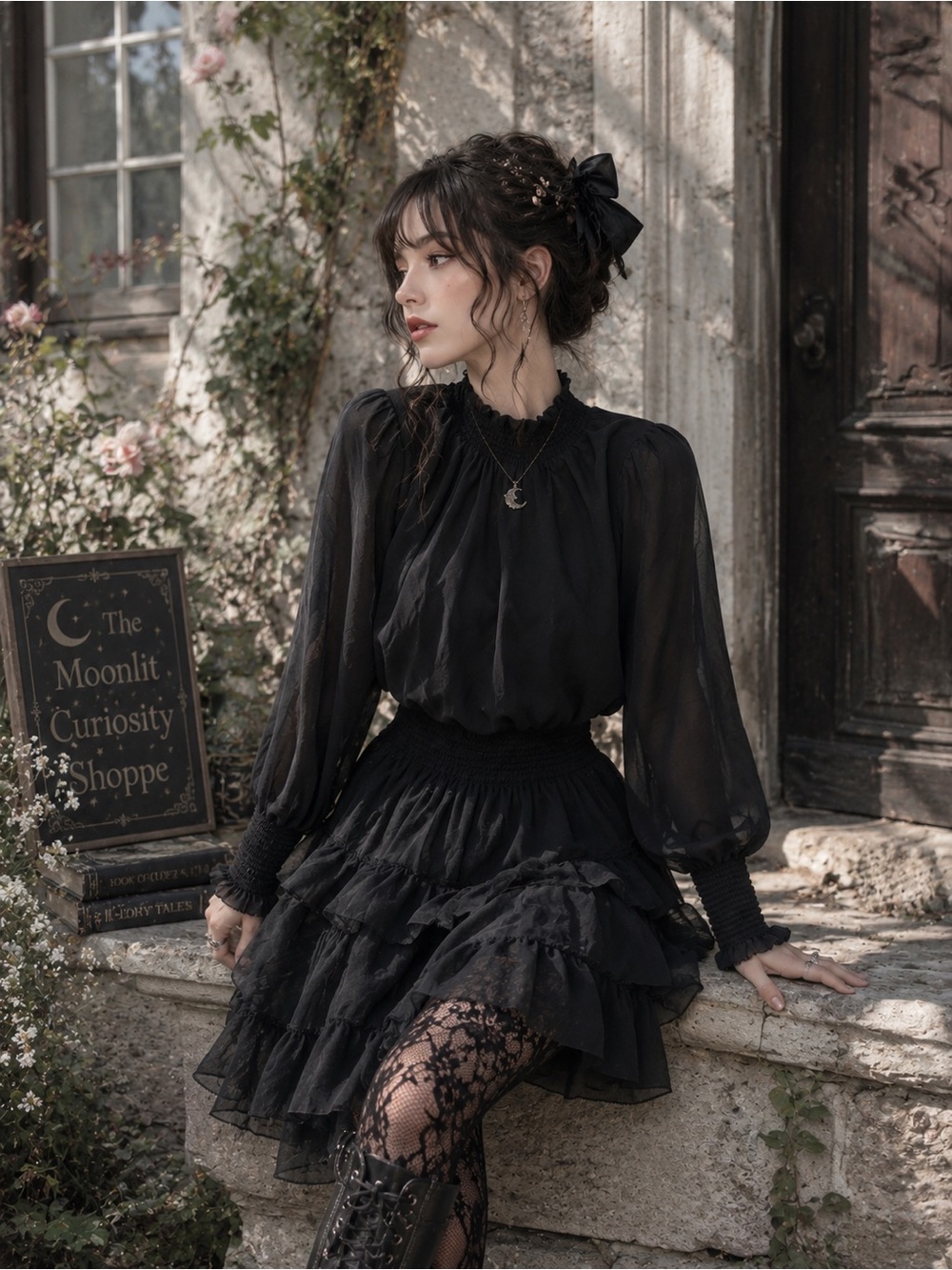Premise Black Top Whimsigoth High Neck Sheer Long-Sleeve Shirt MSRP $78